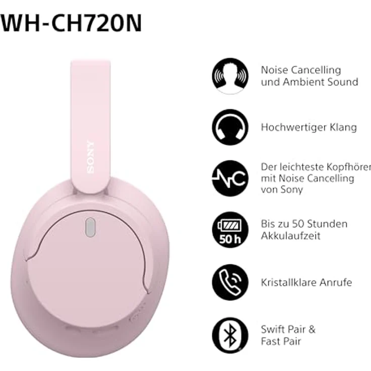 Sony WH-CH720N Kabelloser Bluetooth-Kopfhörer mit Geräuschunterdrückung, hoher Klangqualität, Umgebungsgeräuschmodus, leichtes Design, bis zu 50 Stunden Akkulaufzeit, iOS & Android - Rosa – Bild 2