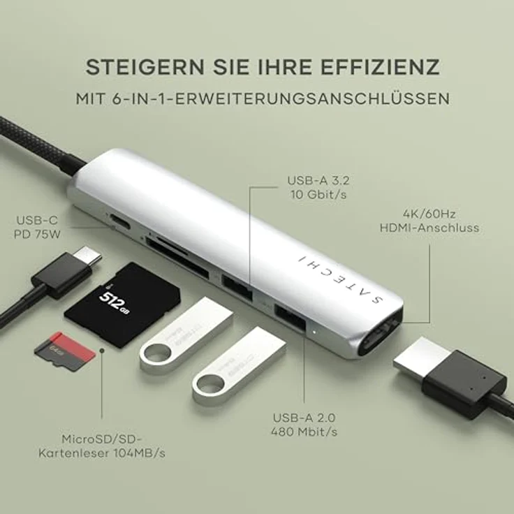 SATECHI 6-in-1 USB-C Hub Slim Plus, Multiport-Adapter, Dockingstation mit 4K HDMI, 100W Power Delivery, 2X USB-A, SD/MicroSD-Kartenleser – Silber – Bild 2