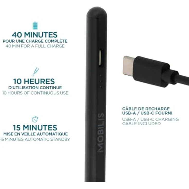 Mobilis Universal Active Stylus, Eingabestift mit 1.45 mm Spitze, schwarz, für Tablets, 10 Stunden Akkulaufzeit, präzise Navigation und Zeichnen, USB-A/USB-C Ladefunktion – Bild 4