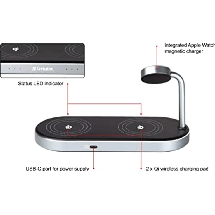 Verbatim 3-in-1 Qi Dual MFi Wireless Charger WCS-03, für iPhone, Apple Watch & Qi-fähige Geräte, Handy Ständer mit induktiver Ladestation, kabelloses Ladegerät für Apple, Samsung und mehr – Bild 3