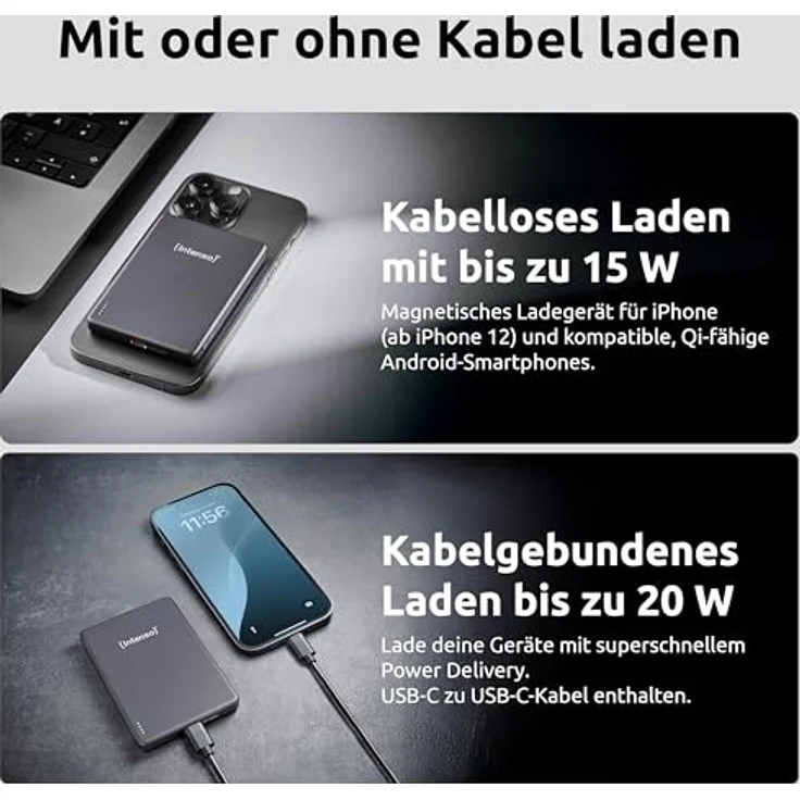 Intenso MW5000 Magnetische Powerbank 5000 mAh – MagSafe kompatibel, Wireless Charging 15W, USB-C PD 20W, kompakt und flach – Grau – Bild 2