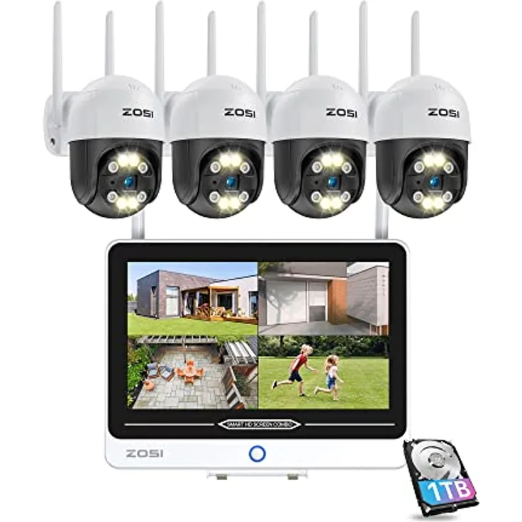 ZOSI 3MP Außen WLAN Überwachungskamera Set mit 12.5 Zoll Monitor 4X 3MP PT WiFi Kamera und 1TB Festplatte für Haussicherheit, 2 Wege Audio, IP66 Wetterfest