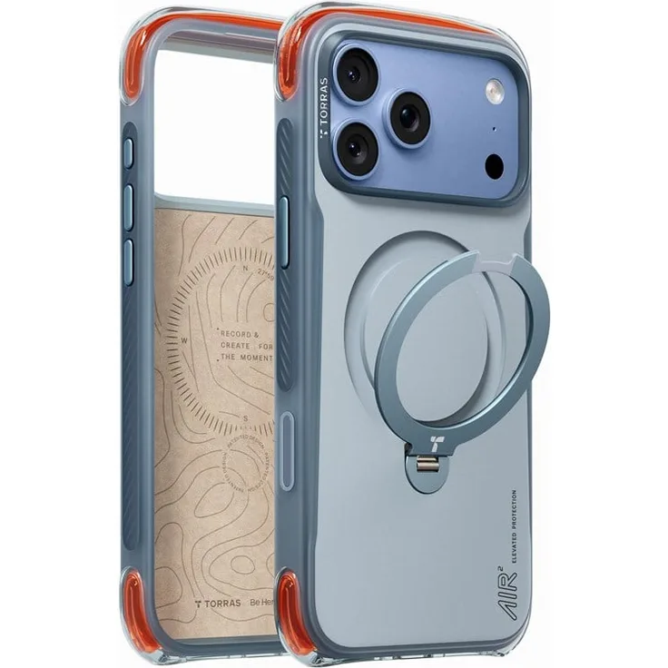 Torras Ostand Q3 Air Pro, Handyhülle mit Dual-Layer-Airbag-Schutz und drehbarem Magnetständer, polar slate blue, für iPhone 18 Pro