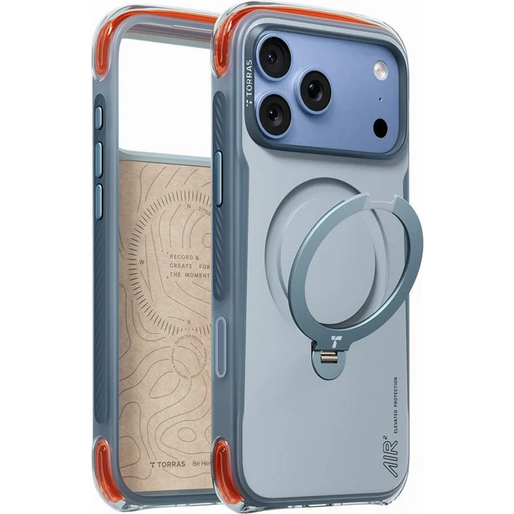 Torras Ostand Q3 Air Pro, Handyhülle mit Dual-Layer-Airbag-Schutz und drehbarem Magnetständer, polar slate blue, für iPhone 18 Pro