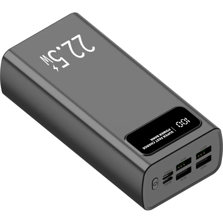 Leotec LEPOW30W22K, Powerbank mit 30000 mAh, 111 Wh, Schwarz, Schnellladung mit Power Delivery 3.0 und Quick Charge 3.0, 4 USB-Typ-A-Ports, USB-Typ-C-Anschluss