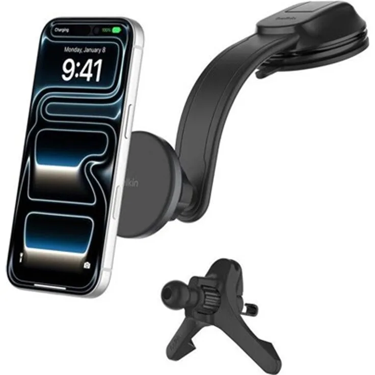 Belkin BoostCharge Kfz-Halterung mit kabellosem Laden, magnetisch, Luftventil & Armaturenbrett-Befestigung + Kfz-Netzteil, 15 Watt, Schwarz