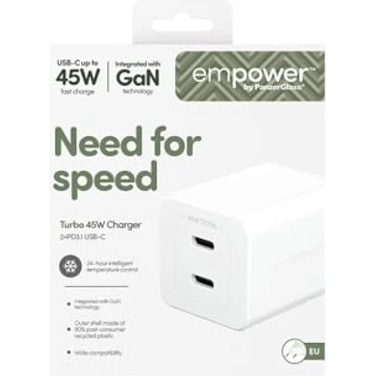 PanzerGlass Turbo 45W Dual Charger, USB Ladegerät mit 2 x USB-C EU Anschluss, Silber, 75% recycelter Kunststoff – Bild 4