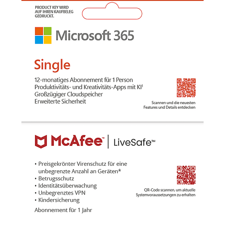 Microsoft 365 Single & McAfee LiveSafe Bundle, 12 Monate für 1 Nutzer (5 Geräte), 1 TB Cloud-Speicher, Download Code - [Multiplattform]