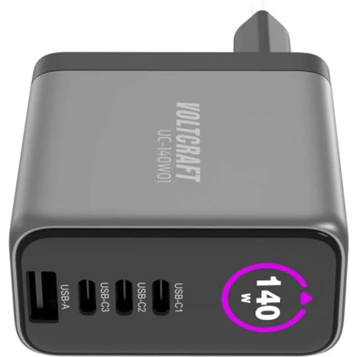 Voltcraft UC-140W01, USB Ladegerät mit 1x USB-A und 3x USB-C, 140 W, Schwarz, GaN, Schnellladegerät mit USB Power Delivery – Bild 3