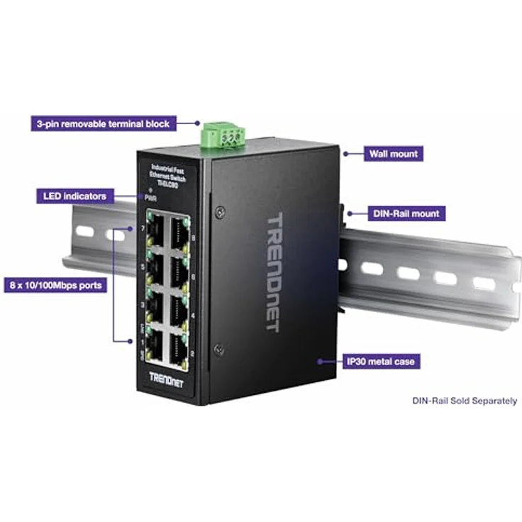 TRENDnet 8-Port Industrial Fast Ethernet DIN-Rail Mini Switch, TI-ELC80 – Bild 2