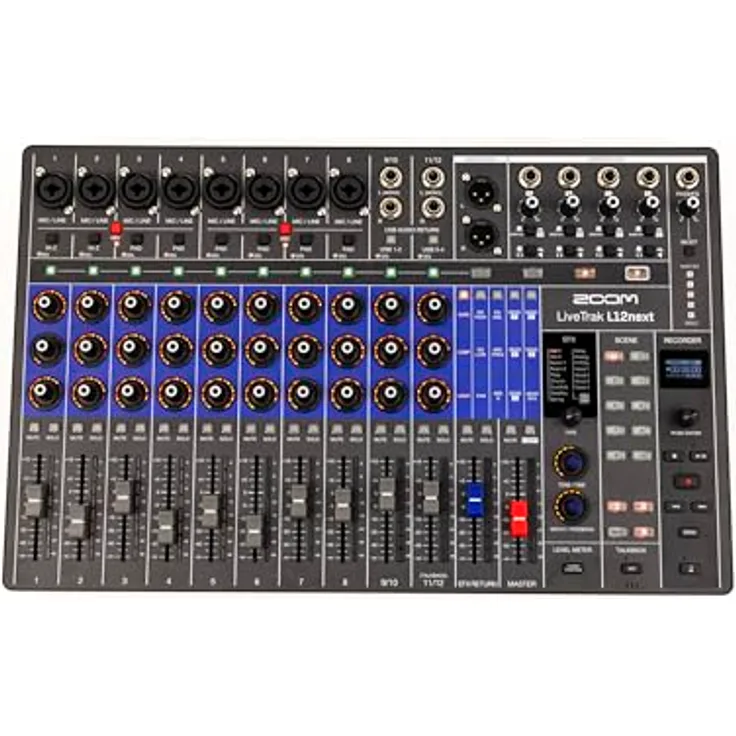 Zoom LiveTrak L-12next, Digitalmischpult und Recorder mit 12 Kanälen, 14-Spur-Aufnahme 24/96, 32-Bit-Float-Master, OLED-Display, 16 Effekte, Streaming-Integration, EU-Version