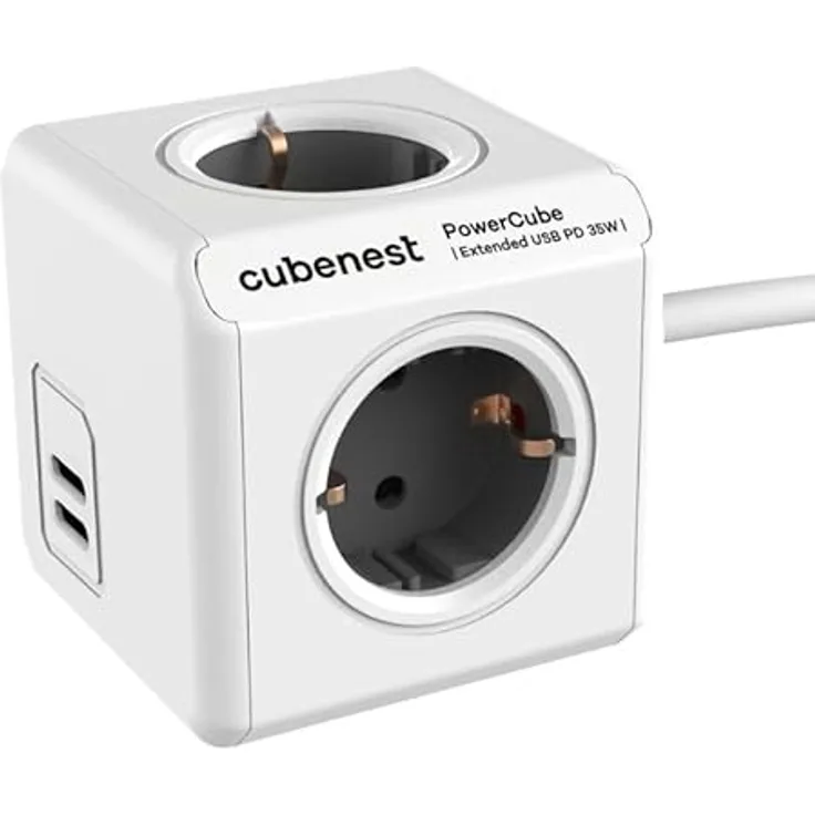 CubeNest Power Cube Extended Steckdosenwürfel USB PD 35W mit 2xUSB-C Anschlüssen | 1.5m Kabel, Schuko Typ F | Schnellladefunktion (Grau)