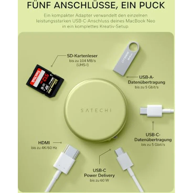 SATECHI USB-C Hub OntheGo™ 5-in-1, HDMI 4K@60 Hz, Zitrus, 60 W Passthrough-Laden, USB-A und USB-C Daten, SD-Kartenleser – Bild 2