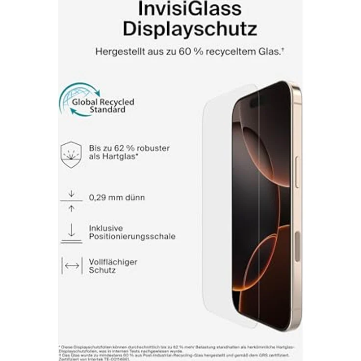 Belkin ScreenForce InvisiGlass iPhone 16 Pro Displayschutz, kratzfester Stoßschutz, recyceltes Glas, antimikrobiell, 9H Härtegrad, Positionierungsschale, für iPhone 16 Pro – Bild 4