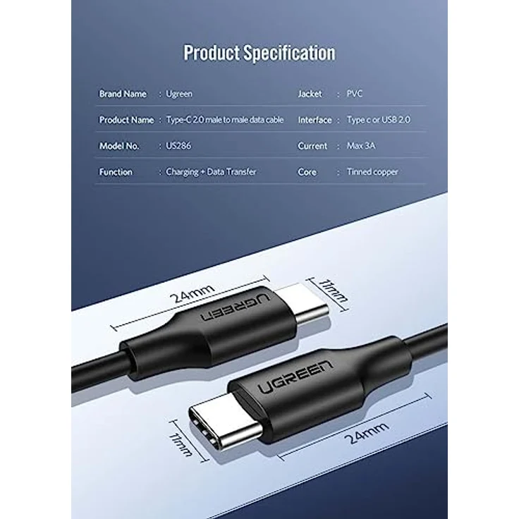 Ugreen USB Type C Lade- und Datenkabel 3A, 3m, schwarz, 480 Mbps, verzinnter Kupferkern – Bild 7