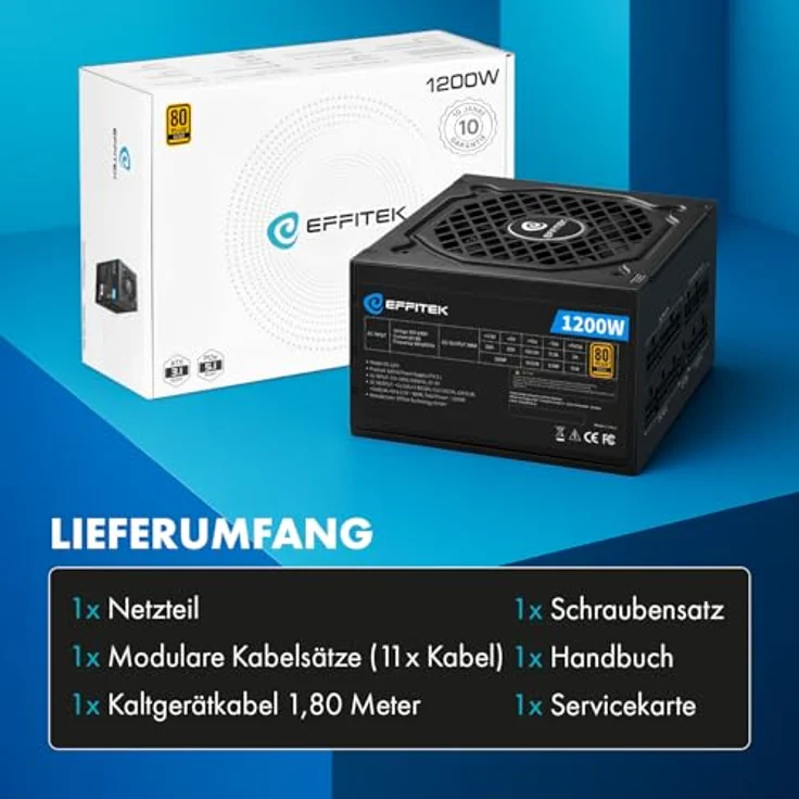 EFFITEK Gold Series 1200W Netzteil, 80 Plus Gold, vollmodular, geräuscharm, ATX 3.1, PCIe 5.1 kompatibel, mit Japan 105°C Kondensatoren für Gaming-PC – Bild 4