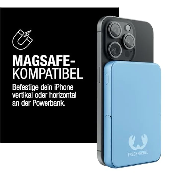 Fresh 'n Rebel Wireless Magnetic Powerbank 5000mAh, MagSafe-kompatibel, PD 20W Schnellladung, USB-C Port (in/Out), geeignet für iPhone 16/15/14/13/12, tragbar, mit Ständer (Vivid Blue) – Bild 2