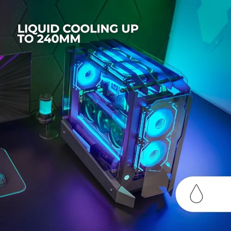 Mars Gaming MC-EDGE, Midi Tower ATX PC Gehäuse mit RGB-Elementen und gehärteten Glasplatten, Schwarz, Open-Air-Design, Platz für bis zu 7 Lüfter, USB-C Anschlüsse – Bild 5