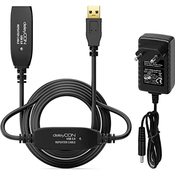 deleyCON 10m Aktives USB 3.0 Kabel, USB3.0 Repeater mit 2 Signalverstärkern und Netzteil, Plug & Play, Schwarz – Bild 1