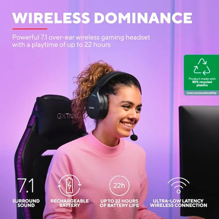 Trust Gaming GXT 491 Fayzo 7.1 Gaming Headset Bluetooth + RF 2.4 GHz, 22 Stunden Akkulaufzeit, 85% Recyclingkunststoff, RGB Over-Ear Kopfhörer Kabellos Bluetooth PC PS5 PS4 Switch - Schwarz – Bild 2