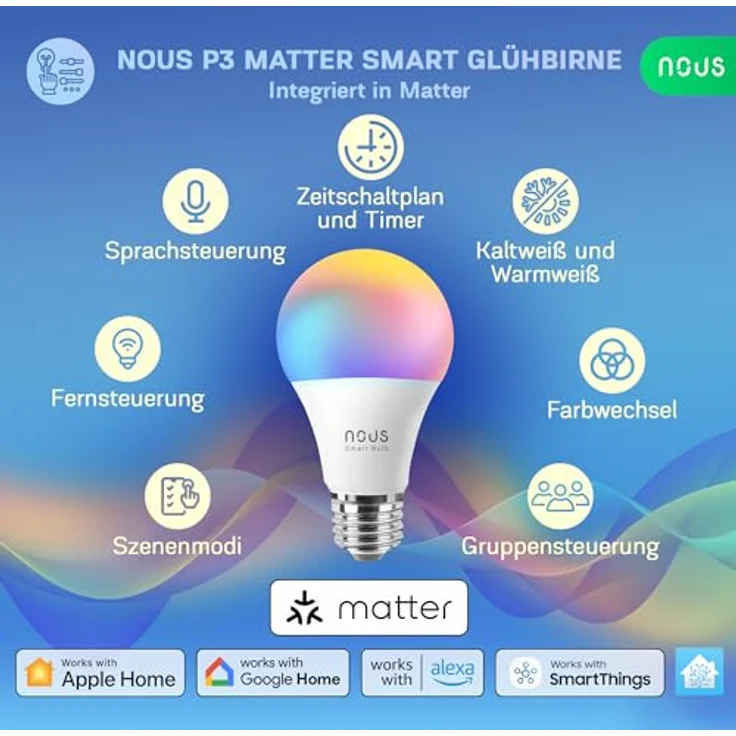 NOUS P3 Smarte WIFI Glühbirne RGB E27, Kompatibel mit Matter, Alexa, Home Assistant & Apple HomeKit, LED Lampe Farbwechsel, 2.4 GHz WiFi – Bild 2