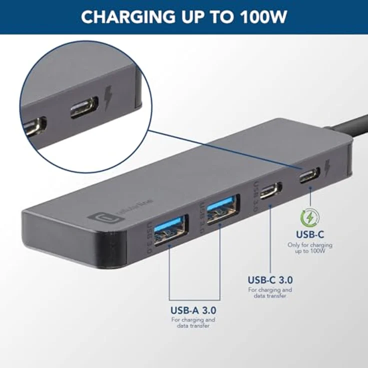 Cellularline HUB Starter, 4-Port-Hub mit 2 USB-A- und 1 USB-C-Anschluss, Metallgrau, USB-C Power Delivery bis zu 100W, elegant und robust – Bild 5