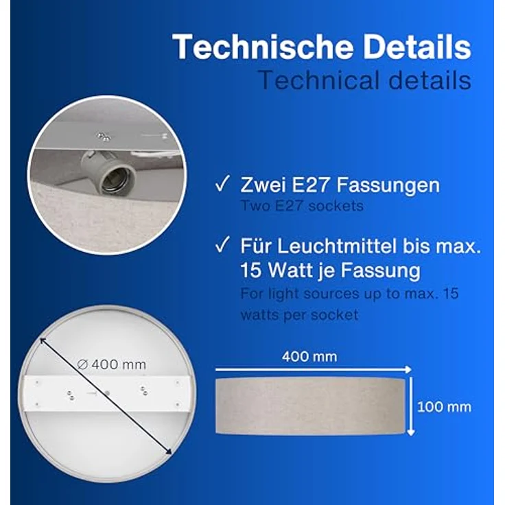 REV Deckenleuchte - Deckenlampe rund 40cm mit Stoff-Lampenschirm im Vintage-Look, taupe - ideal für Schlafzimmer & Wohnzimmer – Bild 5