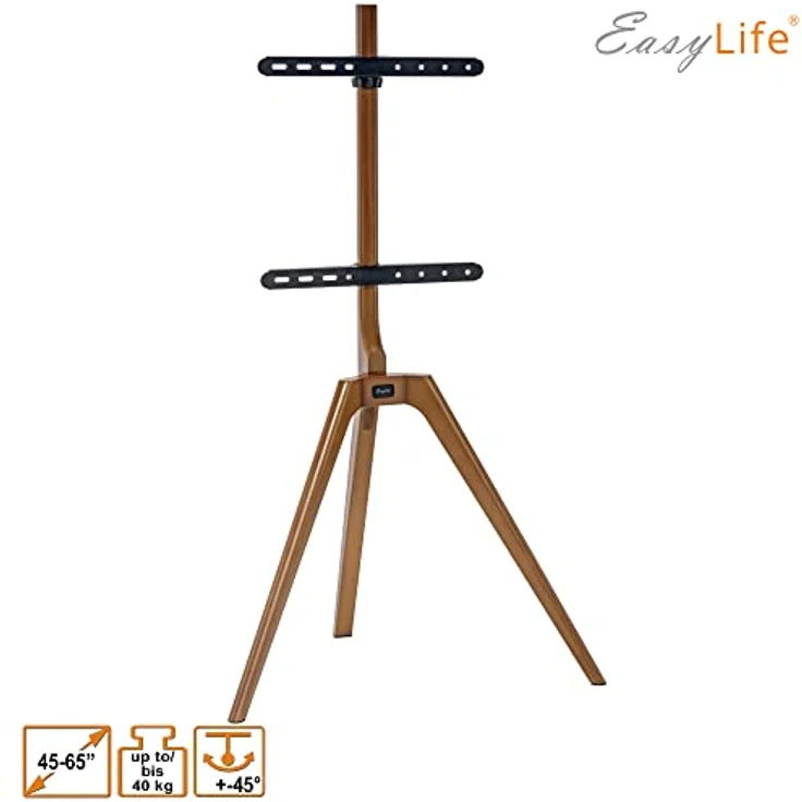 EasyLife - TV Stativ Holz Staffelei Tripod - Studio TV Stand bis 65'' Zoll & 40 kg Fernseher/Monitor, schwenkbar, höhenverstellbar, Kabel Management, VESA bis 400x400 (Weiß/Nussbaum) – Bild 2