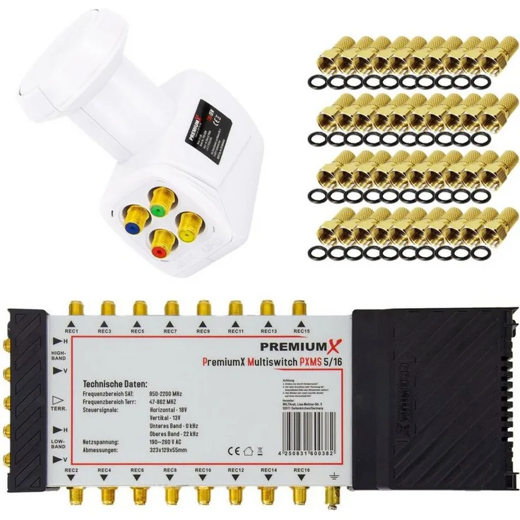 PremiumX SAT-Multischalter PXMS-5/16, 4 SAT-Eingänge, 1 terrestrischer Eingang, 16 Ausgänge, Quattro LNB, weiß, 40x F-Stecker