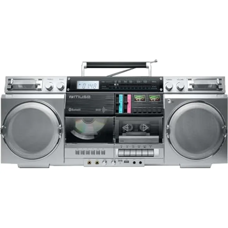 MUSE M-380GBS Retro Kassetten Boombox mit CD-Player, AUX und Bluetooth, Smartphone kompatibel, Kassettenrekorder cooles vintage Design, 80 Watt Lautsprecher