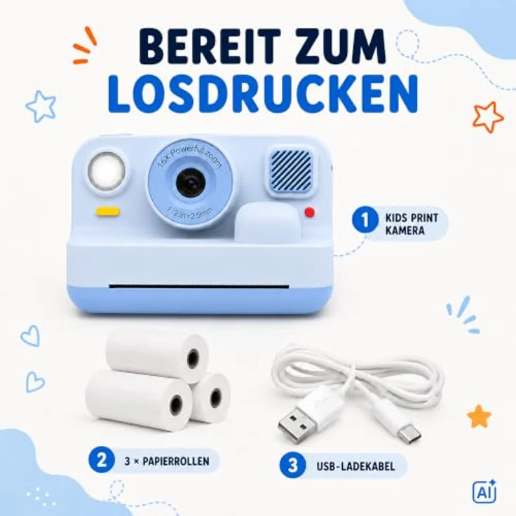 Denver KPC-1374BT Blue Sofortbildkamera, 48 MP mit Thermodruckfunktion und Full HD Videoaufnahme, erweiterbarer Speicher bis 128 GB, für Kinder – Bild 7