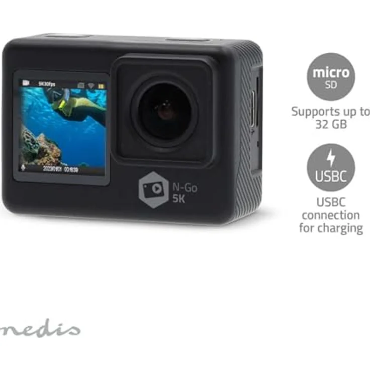 Nedis Action Cam - 5K@30fps - 16 MPixel - Wasserdicht bis: 30.00 m - 80 min - Wi-Fi - App erhältlich für: Android/IOS - Inkl. Halterung - Schwarz - Dual-Screen-Action-Cam mit HD-5K Auflösung – Bild 4
