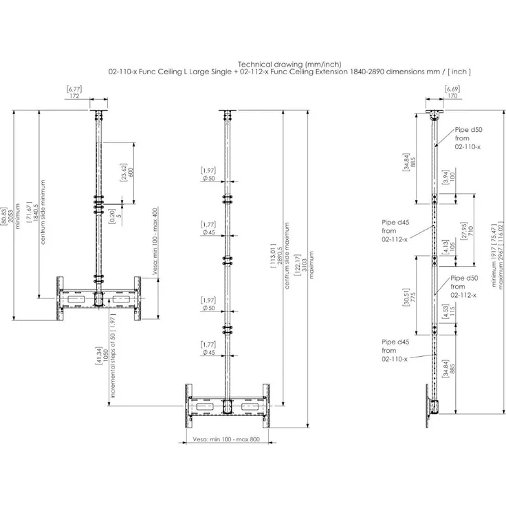 Smart-Media GmbH SMS 02-112-4 Höhenverlängerung für Ceiling L Deckenhalterungen, 1840 - 2890 mm, weiß, belastbar bis 50 kg
