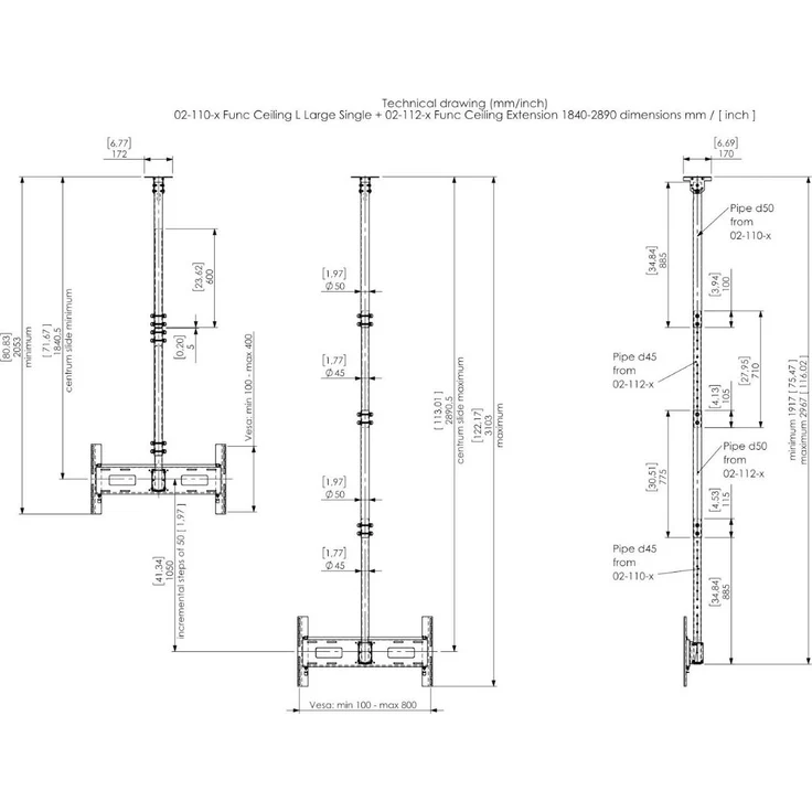 Smart-Media GmbH SMS 02-112-4 Höhenverlängerung für Ceiling L Deckenhalterungen, 1840 - 2890 mm, weiß, belastbar bis 50 kg