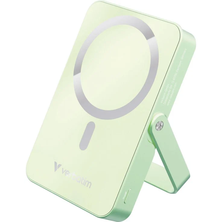 Verbatim Power Bank mit Standfuss, mag. wireless, 10000 mAh, grün, Dual Charging, MagSafe-kompatibel, integrierter Ständer