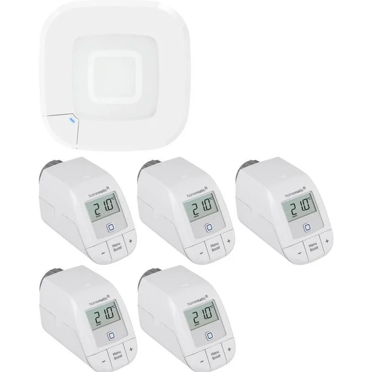 Homematic IP Set, Funk Access Point 2 mit 5x Heizkörperthermostat – basic, Smart Home Hub, Weiss