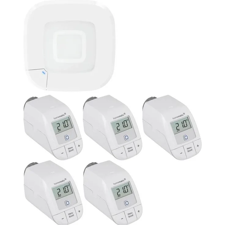Homematic IP Set, Funk Access Point 2 mit 5x Heizkörperthermostat – basic, Smart Home Hub, Weiss