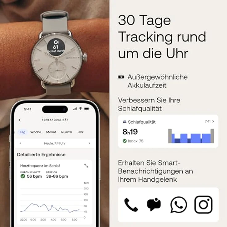 WITHINGS ScanWatch 2, Hybrid Smartwatch Herzgesundheit für Männer & Frauen - EKG, SPO2, Temperaturüberwachung, Schlaftracking, Atemwegsgesundheit, Zyklustracking, 30 Tage Akkulaufzeit, iOS & Android – Bild 2
