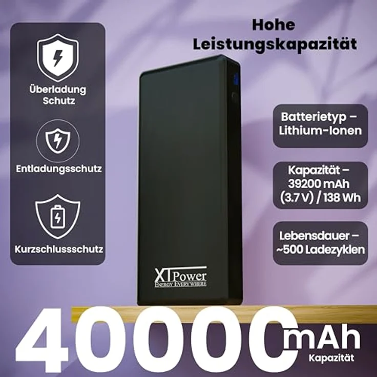 XTPower® PowerBank XT-40000DC-PA, 40000mAh Hochkapazitäts-Powerbank mit LED-Anzeige, 80W DC, USB QC3-Anschluss, Schnellladung, gleichzeitiges Laden & Entladen, kompakt und leicht – Bild 5