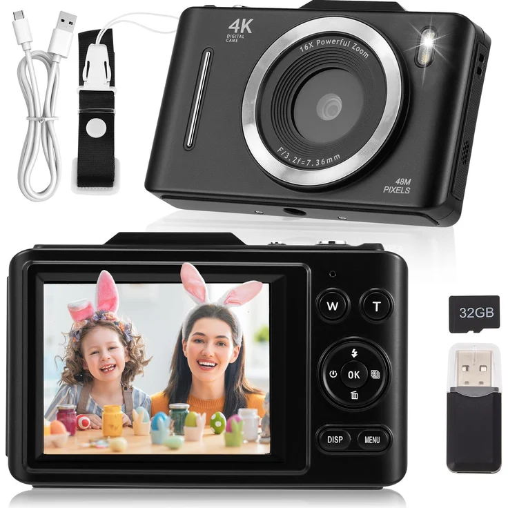 StarTech Tragbare Digitalkamera 48 MP CCD & 1080p FHD, 6,1 cm Display, 16x Digitalzoom, Bildstabilisierung, USB-Aufladung, Schwarz