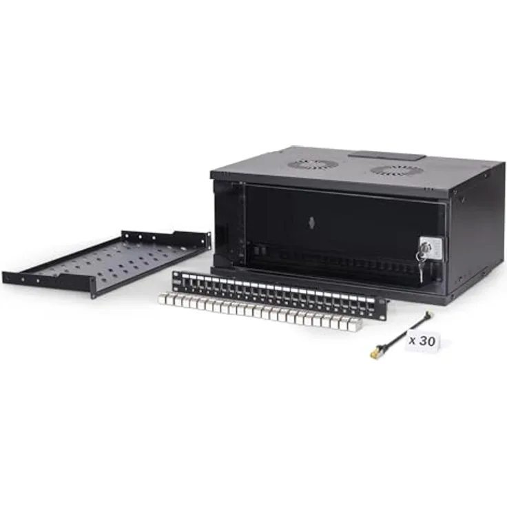 DIGITUS 19 Zoll Netzwerk-Set, 4HE Netzwerkschrank mit 1HE Fachboden, 24-Port Patch Panel, 24 Keystone Module, 30 Patchkabel, unmontiert, SOHO PRO-Serie, Schwarz