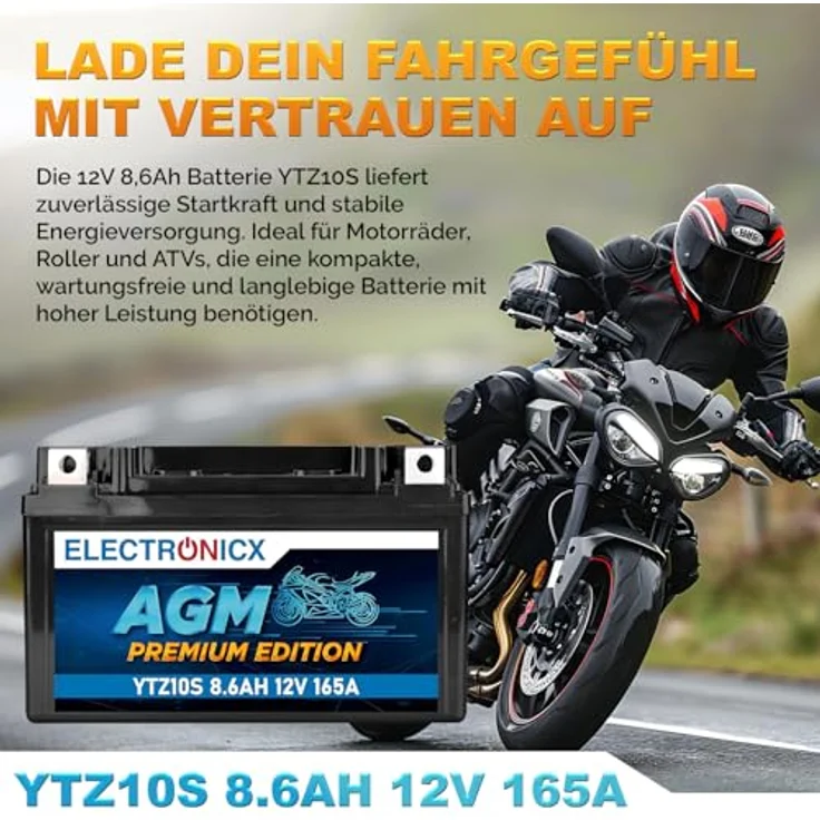 Electronicx YTZ10S AGM Motorradbatterie 9Ah 12V - wartungsfrei, rüttelfest, auslaufsicher für Motorrad, Roller, Quad und ATV – Bild 2