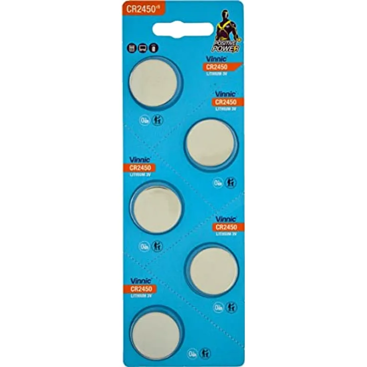Vinnic CR2450 3V, Lithium Knopfzelle Batterien, leistungsstärkste Batterie, Batterien mit Langer Haltbarkeit, 5 Stück - 1 Blisterkarte