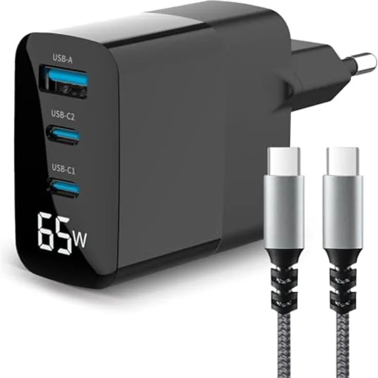 Eaxus USB Ladegerät mit 3 Ports, 2x Typ-C & 1x Typ-A, 65 Watt, inkl. USB-C Ladekabel, schwarz
