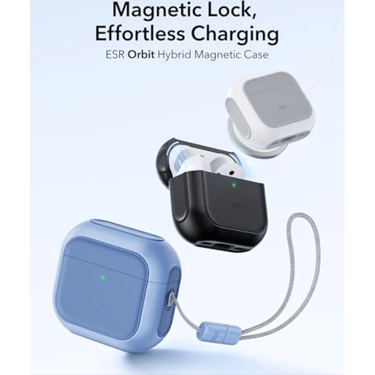 ESR AirPods 4 Hülle, kompatibel mit AirPods 4 Gen (2024) (USB-C), Hybrid Schutzhülle mit kabellosem Laden, Handschlaufe, magnetischem Deckel, Blau – Bild 3