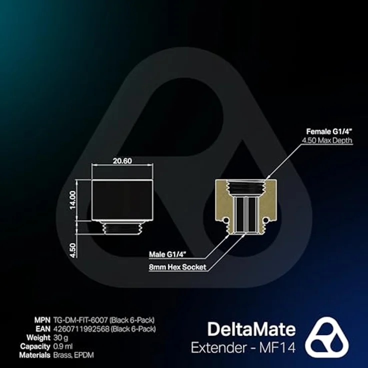 Thermal Grizzly DeltaMate Extender MF14-6er Pack, Verlängerungs Fitting 14mm, schwarz, CNC-gefrästes Messing, G1/4 Zoll Gewinde, für modulare Wasserkühlungen – Bild 5