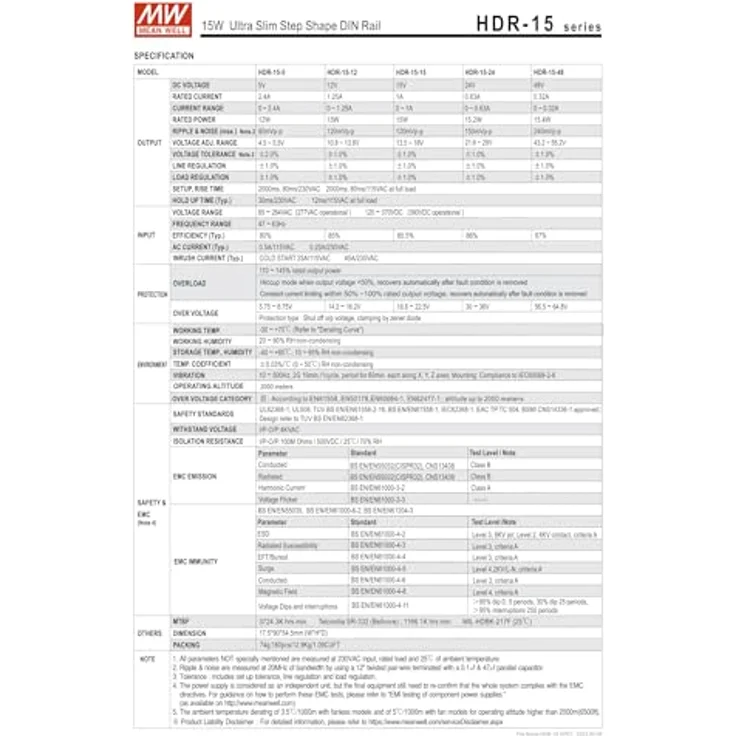 Mean Well HDR-15-24, 15,2 W Ultra Slim DIN-Schienen-Netzteil, 24 V, 0,63 A, universeller Eingang 85-264 V AC – Bild 3