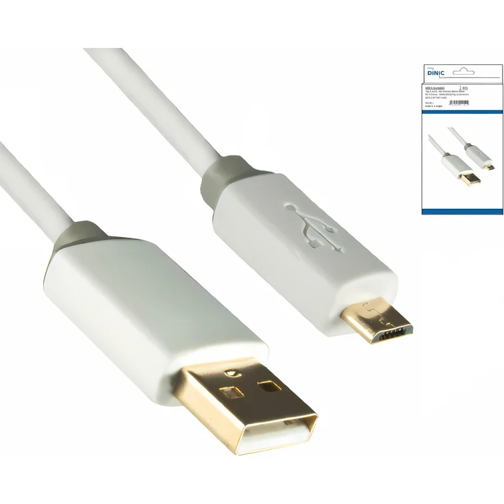 DINIC USB Kabel, Typ A auf Micro B, 2m, Weiß, vergoldete Stecker für optimale Signalübertragung