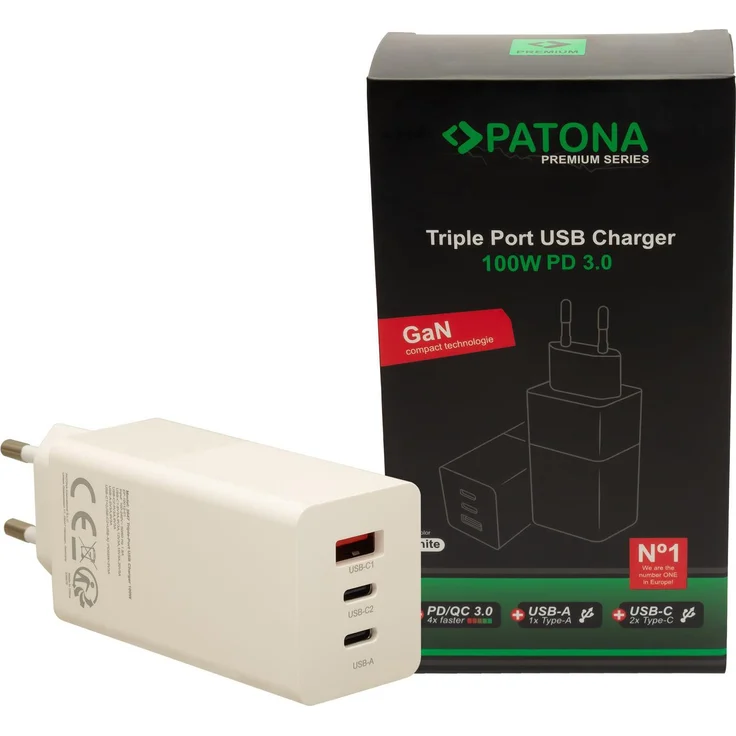 Patona GAN PD 100W USB Ladegerät, 2xUSB-C und 1xUSB-A, weiß, schnellladung, für bis zu 3 Geräte