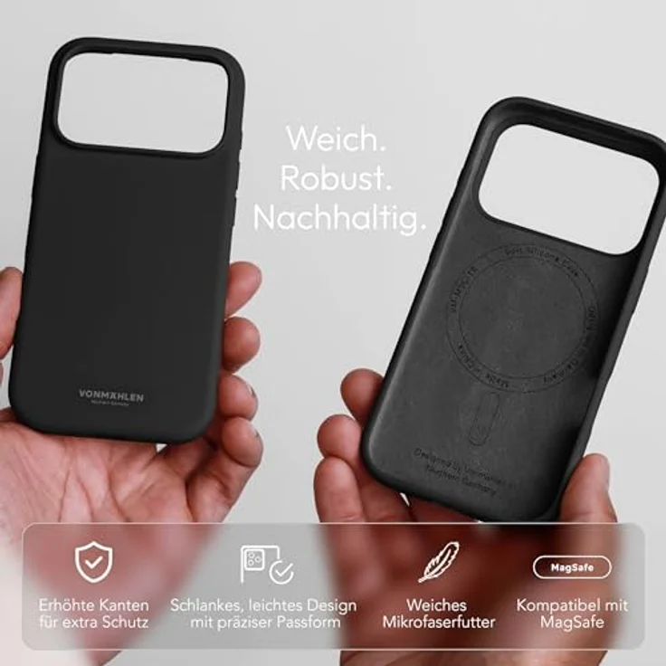VONMÄHLEN Soft Silicone Case - Weiche Silikonhülle aus recycelten Materialien, kompatibel mit iPhone und MagSafe, mit Mikrofaserfutter und Kamera-Displayschutz, schwarz – Bild 2